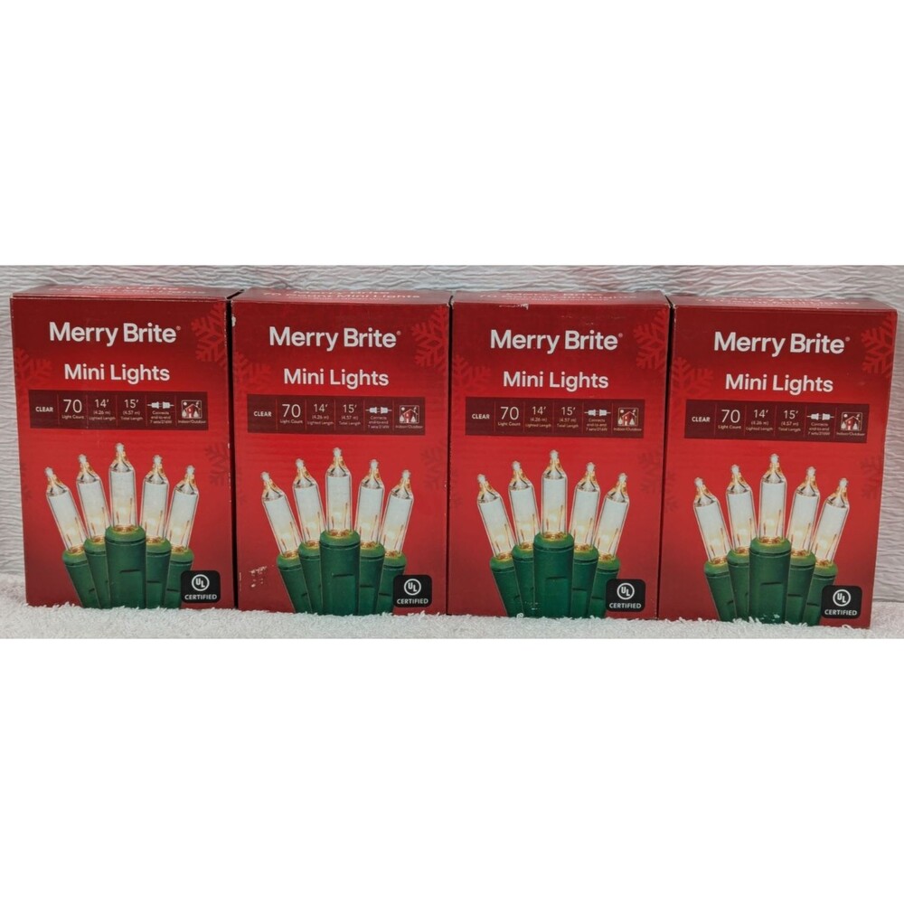 Christmas - Merry Brite - 70 Count - Mini Lights - Clear Bulb/Green Wire -4 Pack